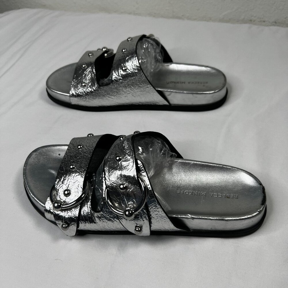 Rebecca Minkoff Vachel Metallic Buckled Slides In Silver Sandals 9 - Picture 7 of 15